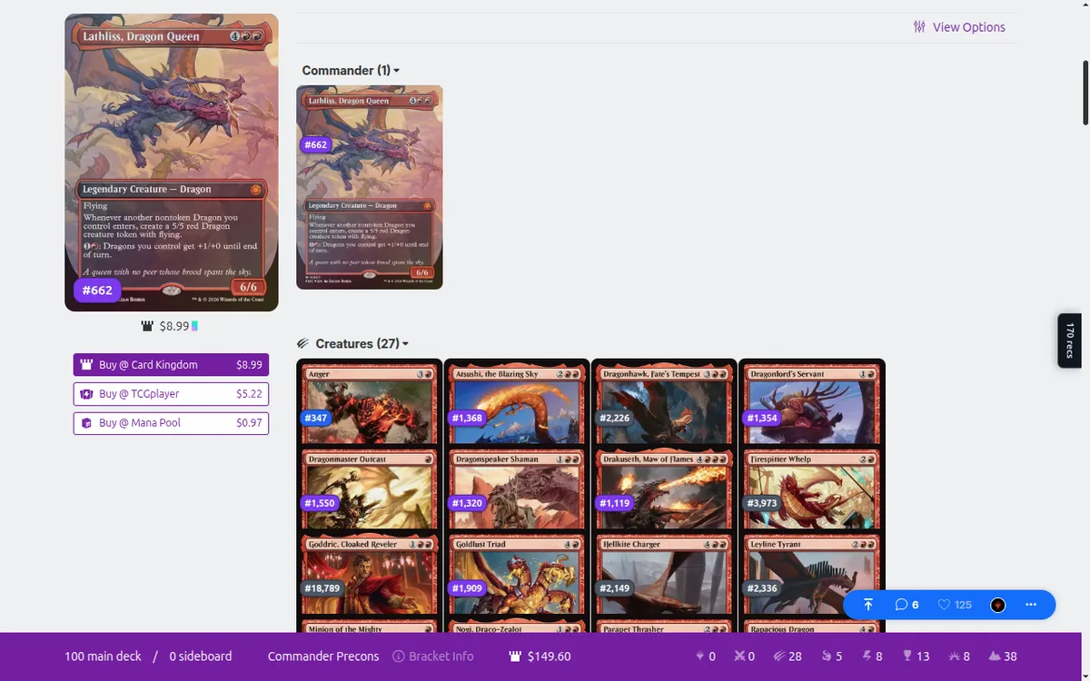 A Moxfield Commander deck for Lathliss, Dragon Queen, with a purple rank badge such as #662 or #1,368 on the corner of every card.