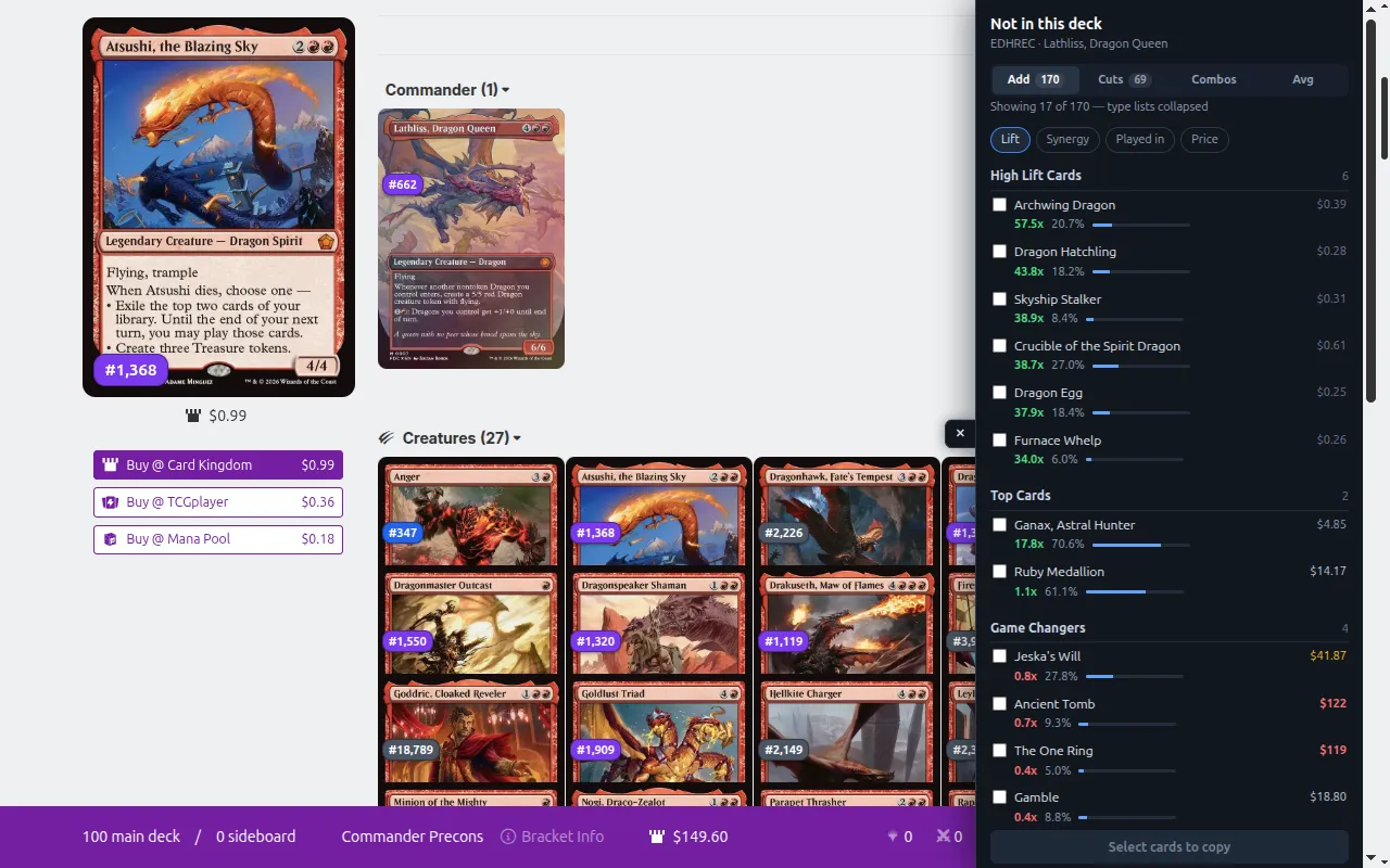 A Moxfield deck with rank badges on every card, and the extension's drawer open on the right listing recommended cards with lift, inclusion, and price.