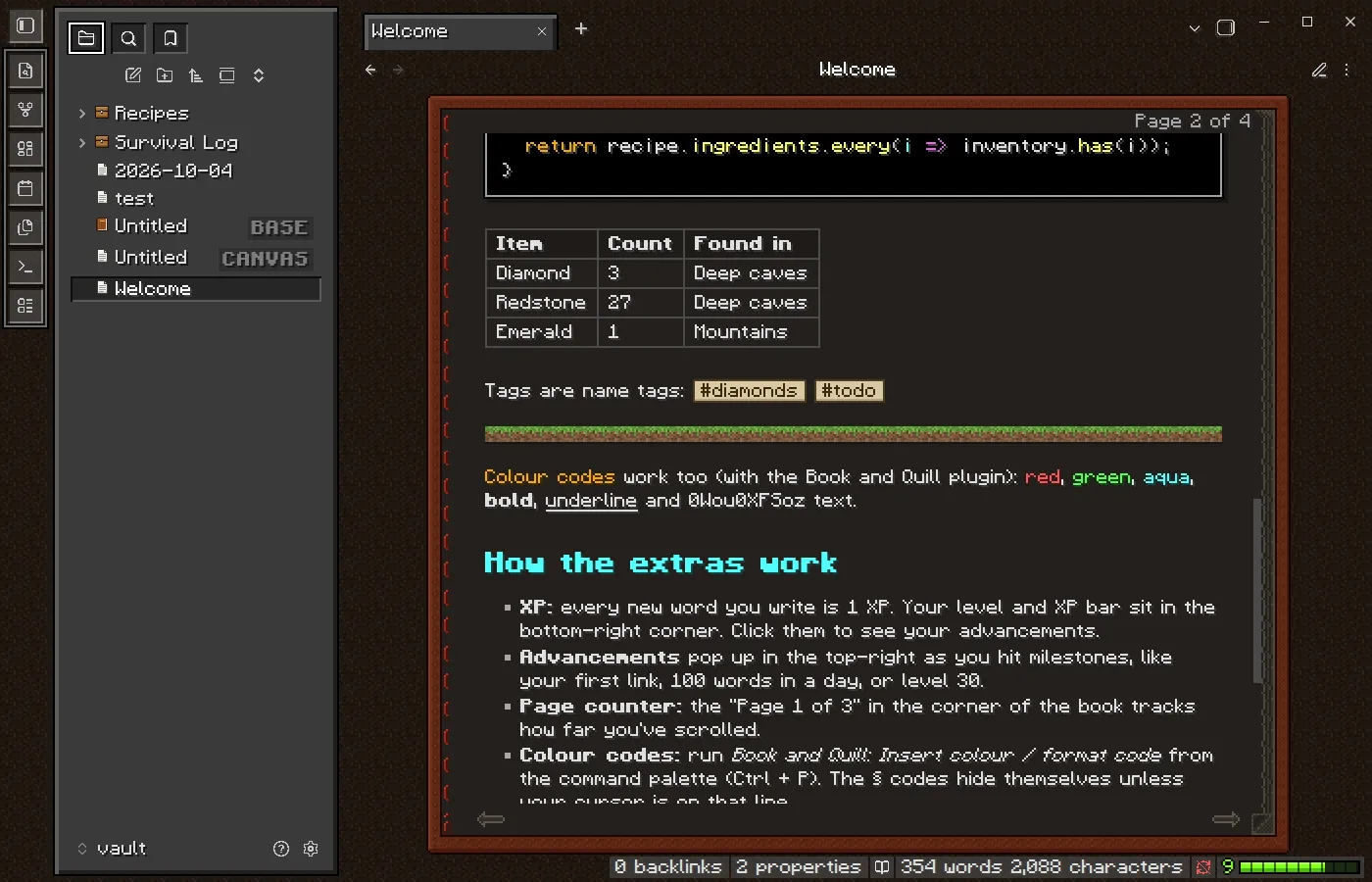 Book and Quill in dark mode, showing a code block, a table, name-tag styled tags, a grass-strip divider, and coloured text.