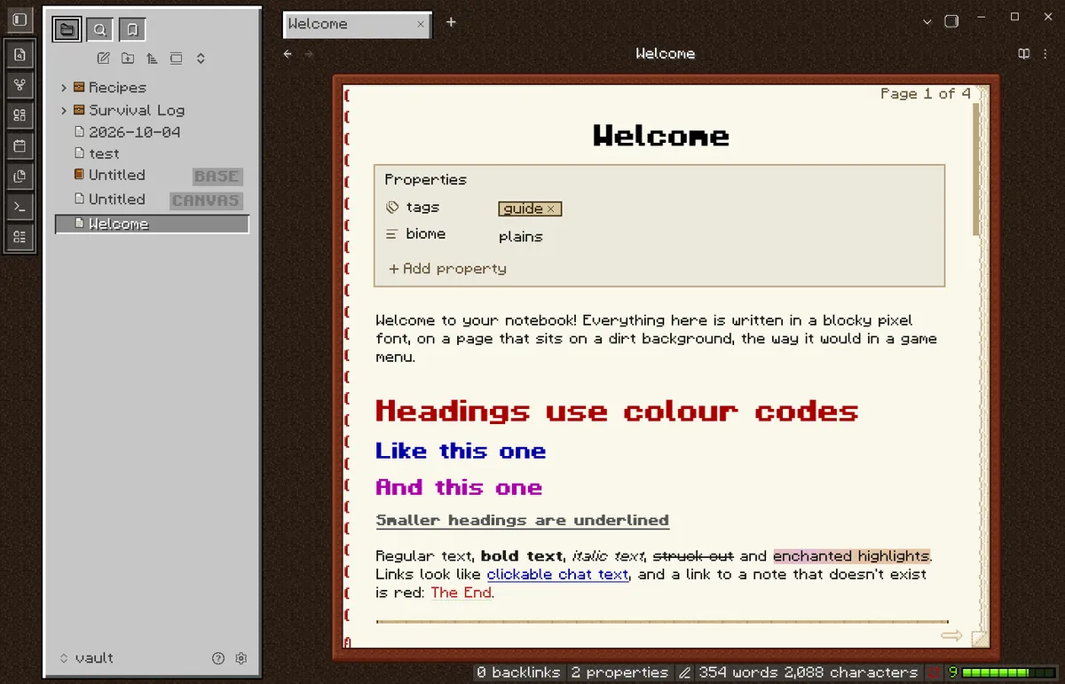 Obsidian with the Book and Quill theme: a note on a cream page inside a leather book cover, a pixel font, and a grey inventory-style sidebar on a dirt background.