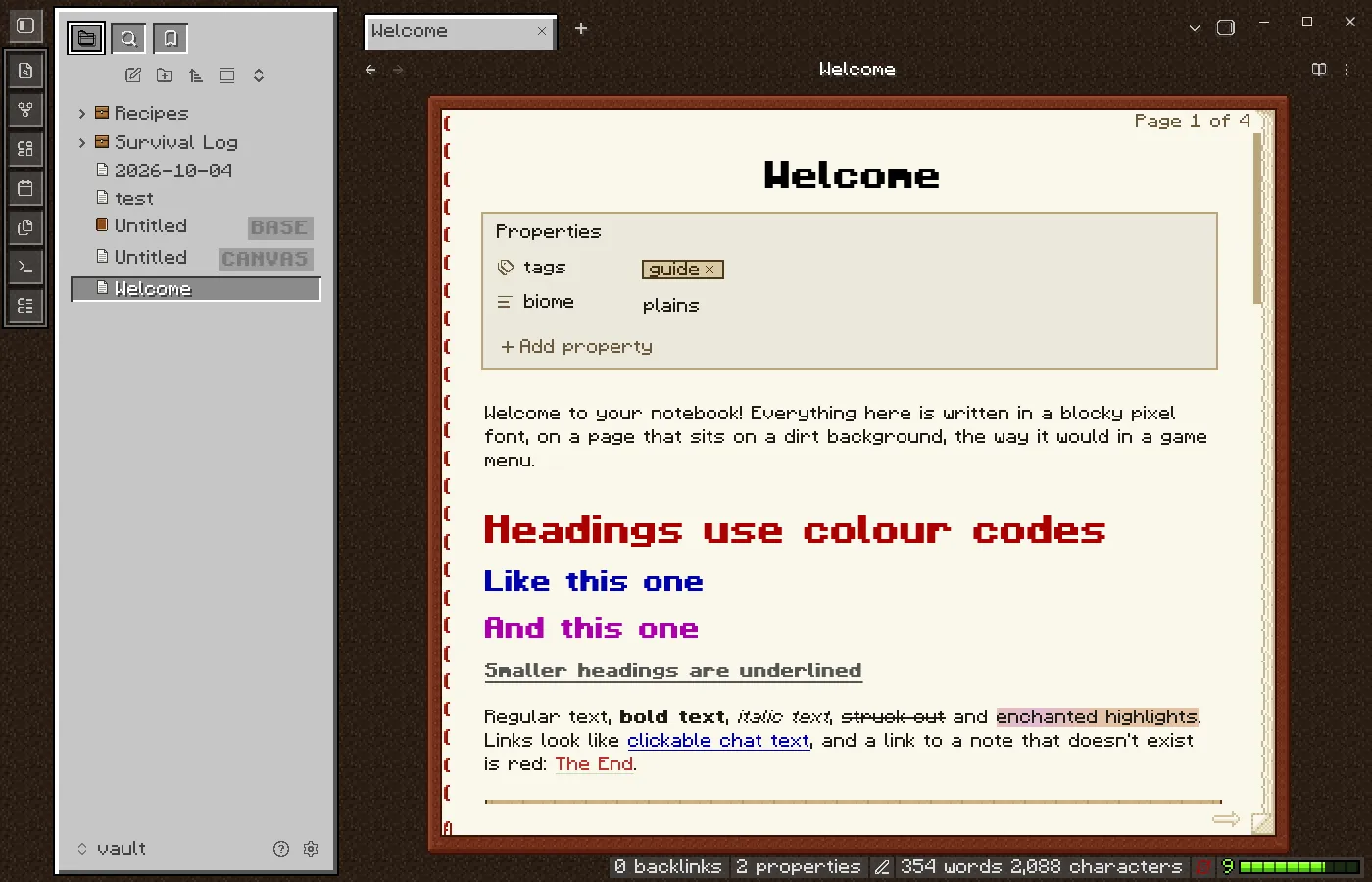 Obsidian with the Book and Quill theme: a note on a cream page inside a leather book cover, a pixel font, and a grey inventory-style sidebar on a dirt background.